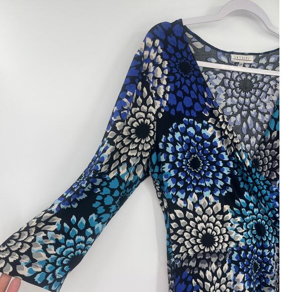 Enfocus Faux Wrap Dress Sz 12P Floral Stretchy Office Bow Deep V-Neck Ruching - Picture 5 of 8